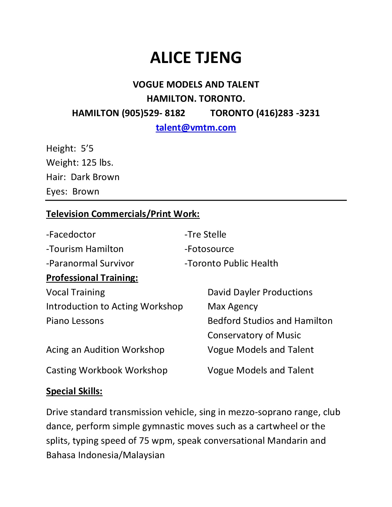 Alice Tjeng Model at Vogue Models & Talent Mgmt. Modeling Agency